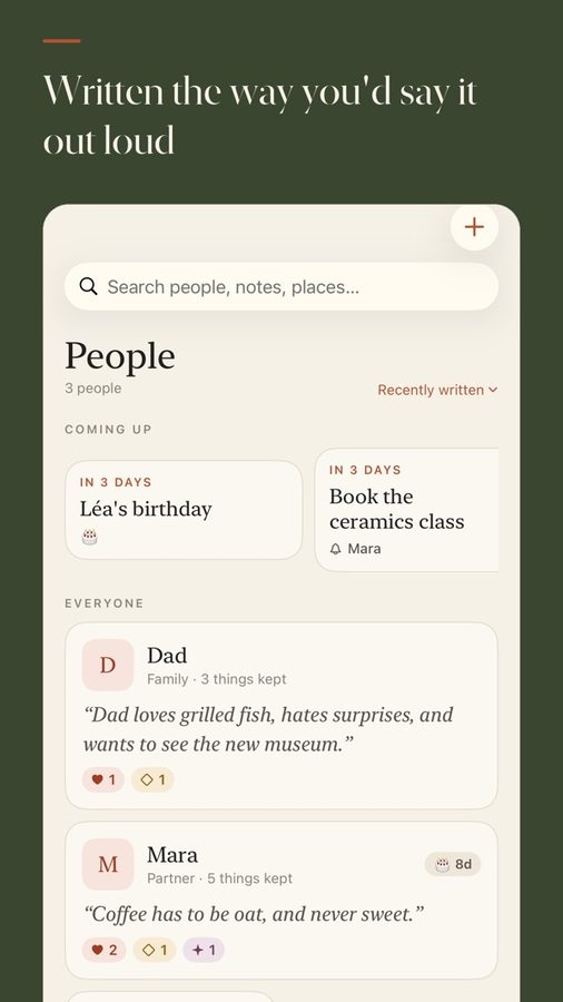Keeps People screen with notes about family and friends